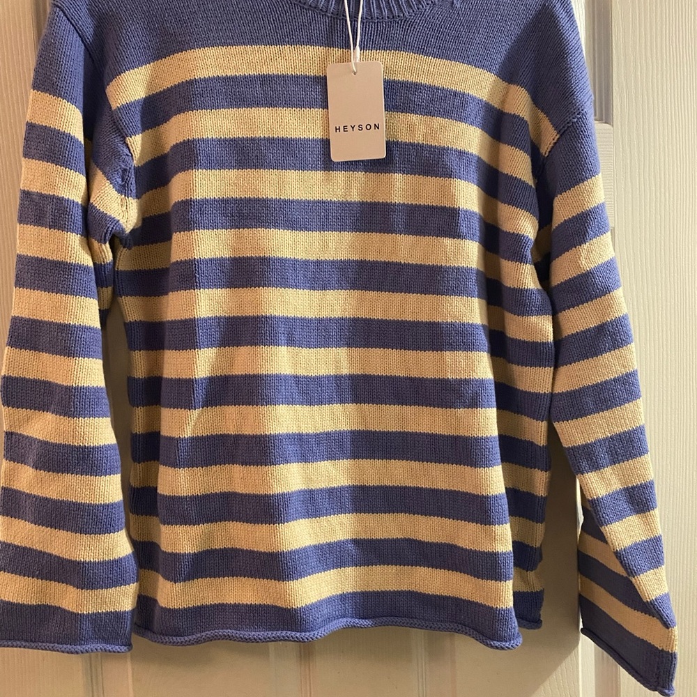 Heyson Women's Blue and Cream Striped Crewneck Sweater
